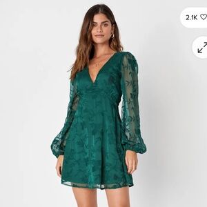 Lulus Angelic Bliss Emerald Green Embroidered Puff Sleeve Mini Dress - Size M